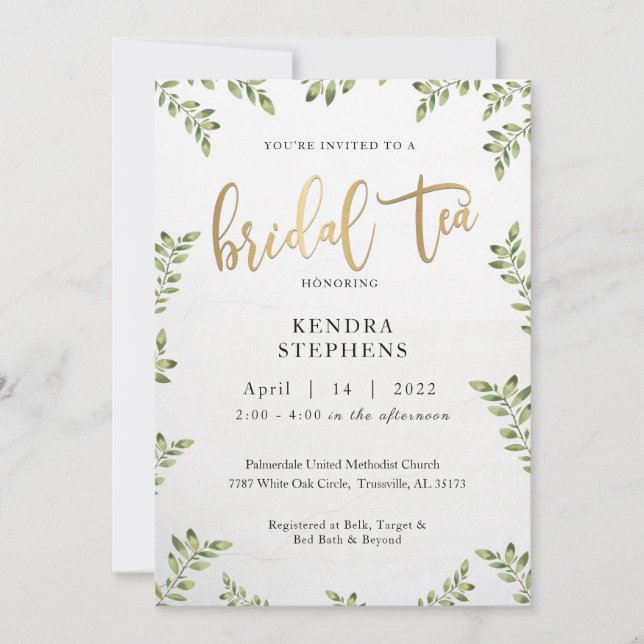 Greenery & Gold Bridal Tea Invitation (Front)