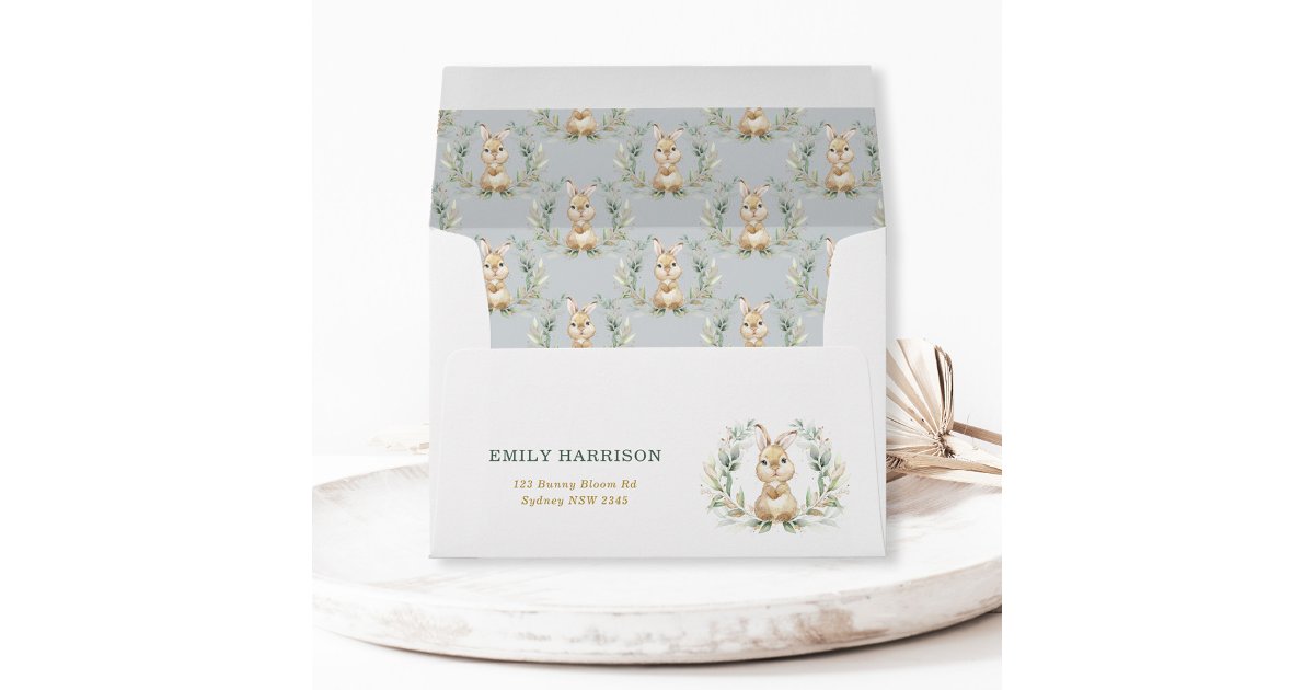 Greenery Gold Bunny Rabbit Baby Shower Birthday Envelope | Zazzle