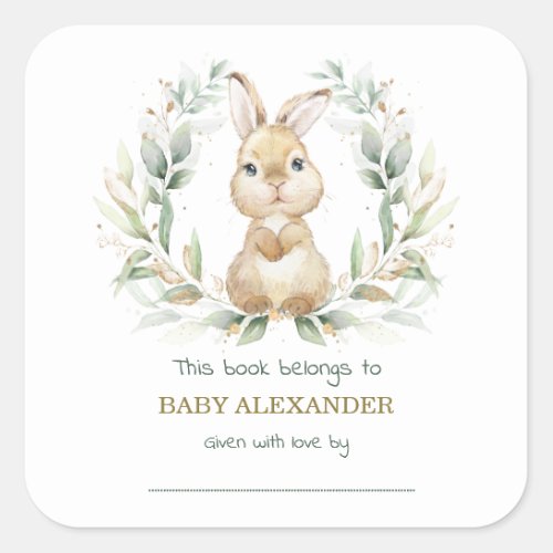 Greenery Gold Bunny Rabbit Baby Shower Bookplate