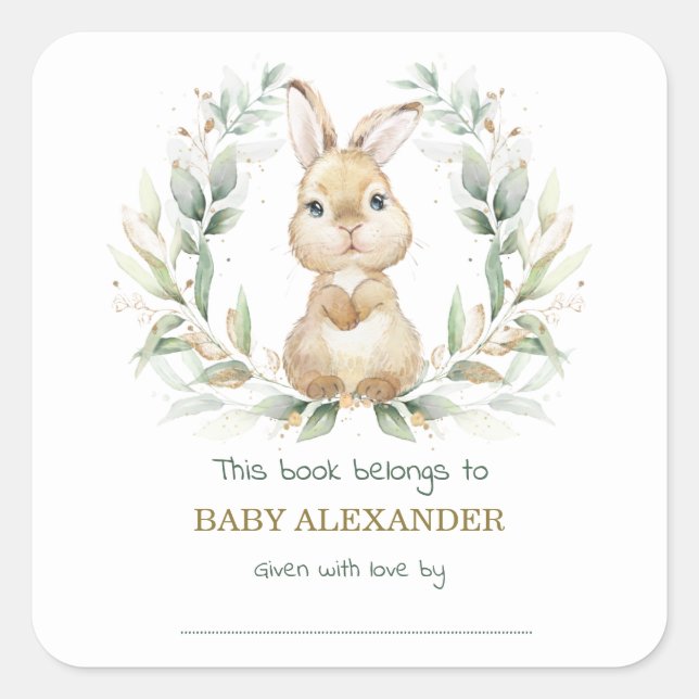 Greenery Gold Bunny Rabbit Baby Shower Bookplate (Front)