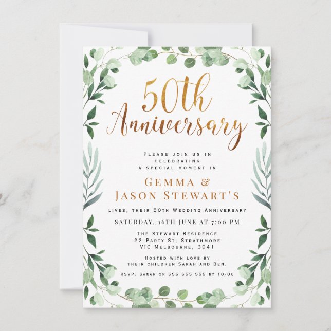 Greenery Gold Calligraphy 50th Wedding Anniversary Invitation (Front)