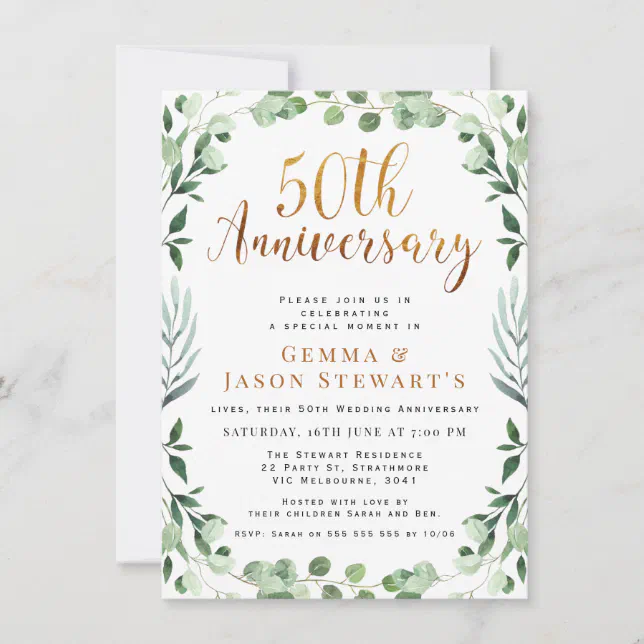 Greenery Gold Calligraphy 50th Wedding Anniversary Invitation | Zazzle