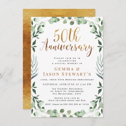 Greenery Gold Calligraphy 50th Wedding Anniversary Invitation | Zazzle