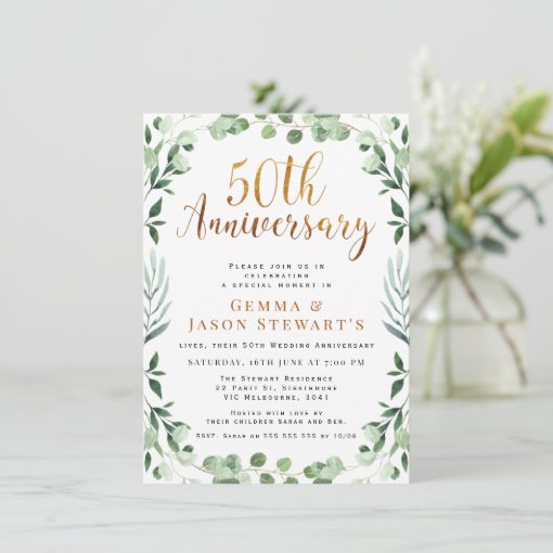 Greenery Gold Calligraphy 50th Wedding Anniversary Invitation | Zazzle