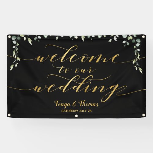 Greenery Gold Calligraphy Black Welcome To Wedding Banner