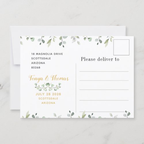 Greenery  Gold Calligraphy Save The Date Postcard