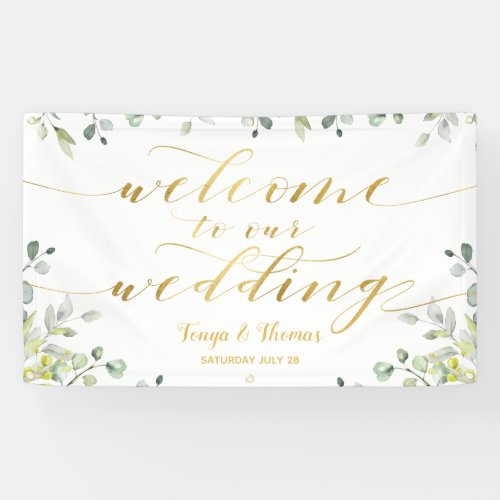 Greenery  Gold Calligraphy Welcome To Our Wedding Banner