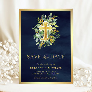 Greenery Gold Catholic Navy Blue Wedding Save The Date
