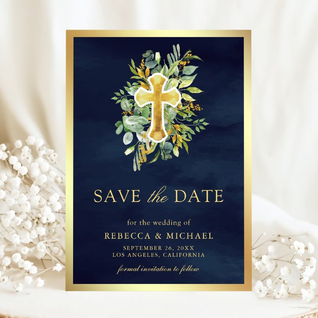 Greenery Gold Catholic Navy Blue Wedding Save The Date (Creator Uploaded)