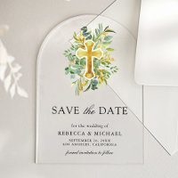 Greenery Gold Catholic Wedding Save the Date