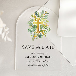 Greenery Gold Catholic Wedding Save the Date
