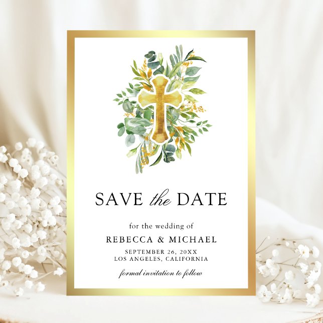 Greenery Gold Catholic Wedding Save The Date (Creator Uploaded)