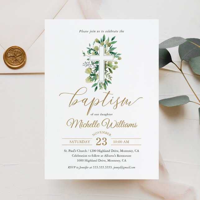 Greenery Gold Color Calligraphy Baptism Invitation (Creator Uploaded)