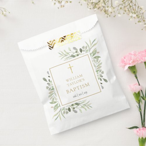 Greenery Gold Cross Baptism Christening Favor Bag