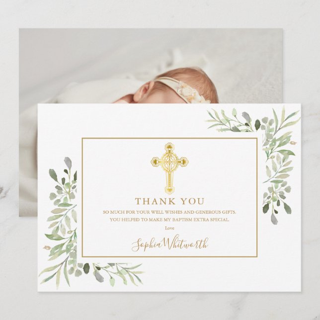 Greenery Gold Cross Baptism Christening Photo Thank You Card (Front/Back)