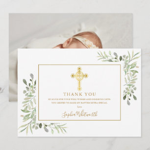 Greenery Gold Cross Baptism Christening Photo Thank You Card