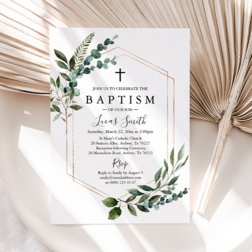 Greenery Gold Cross Baptism Invitation Christening