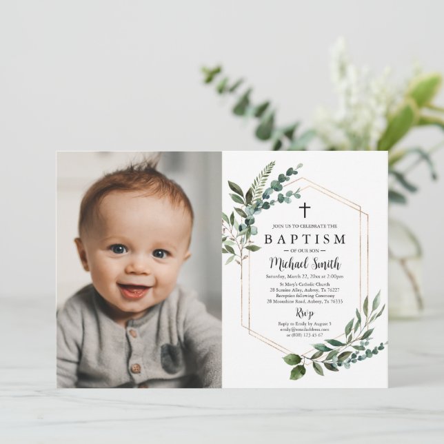 Greenery Gold Cross Baptism Invitation Christening (Standing Front)