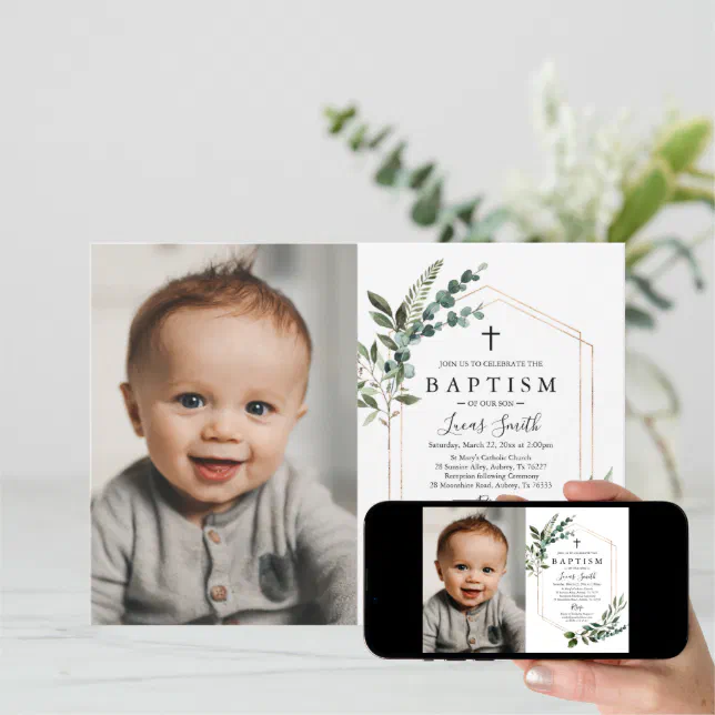 Greenery Gold Cross Baptism Invitation Christening | Zazzle