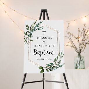 Greenery Gold Cross Baptism Welcome Foam Board