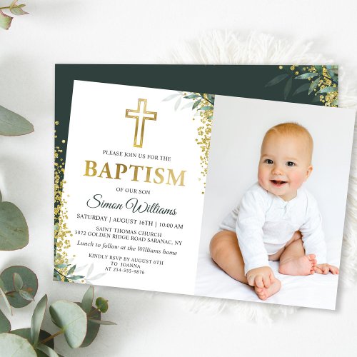Greenery Gold Cross Glitter Baptism Photo Invitation