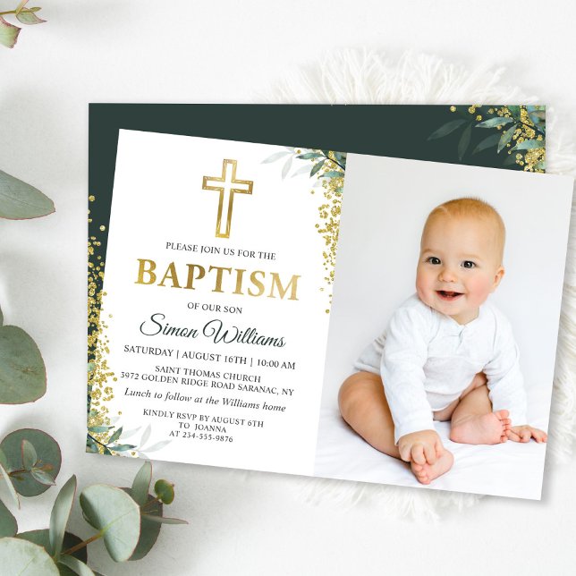 Greenery Gold Cross Glitter Baptism Photo Invitation (Creator Uploaded)