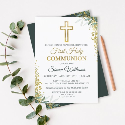 Greenery Gold Cross Glitter First Holy Communion Invitation