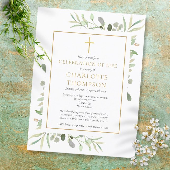 Greenery Gold Cross Memorial Funeral Invitation (Creator Uploaded)