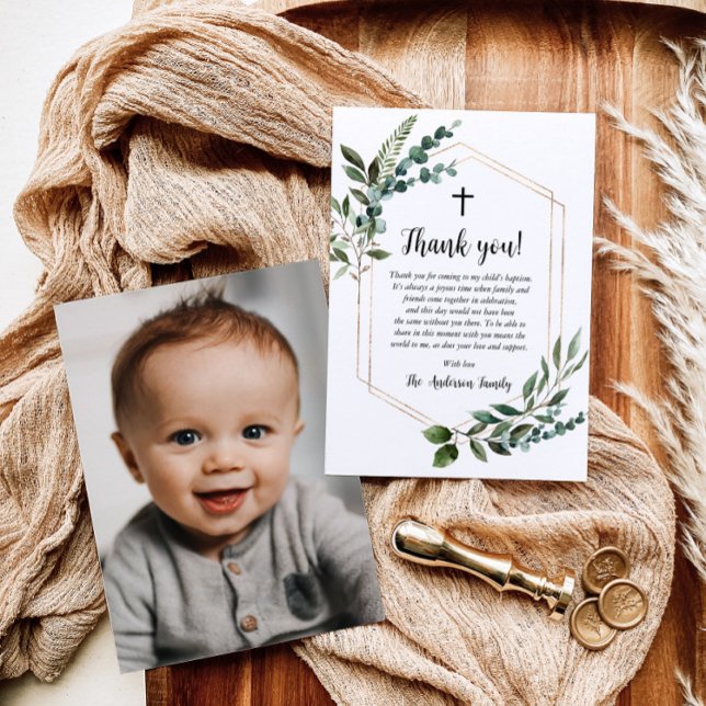 Greenery Gold Cross Photo Baptism Thank You Cards (Creator Uploaded)