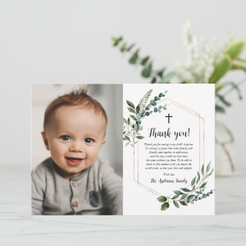 Greenery Gold Cross Photo Baptism Thank You Cards