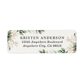 Greenery Gold Elegant Watercolor Boho Leaf Address Label