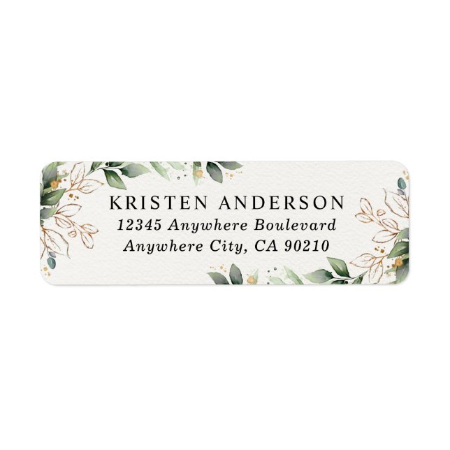 Greenery Gold Elegant Watercolor Boho Leaf Address Label (Front)