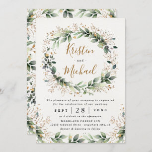 Greenery Gold Elegant Watercolor Boho Leaf Wedding Invitation