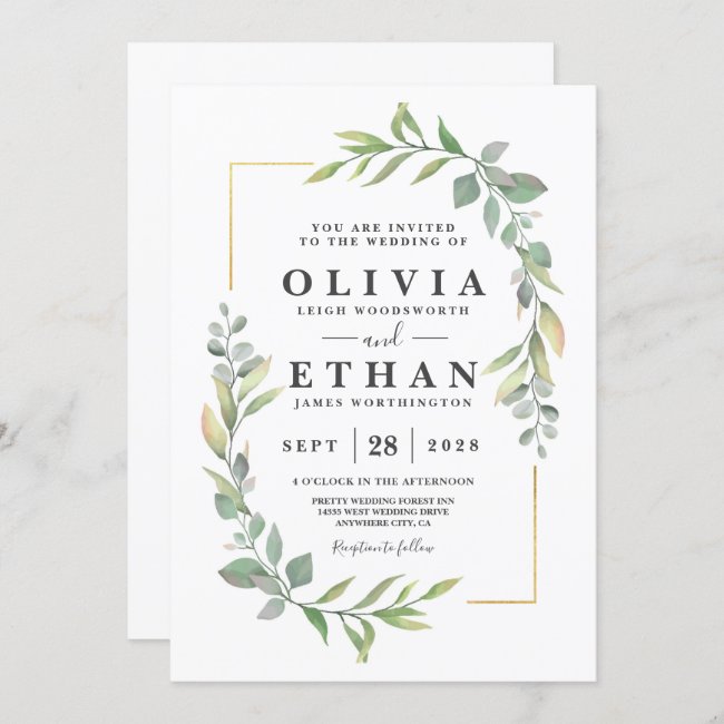 Greenery Gold Elegant Watercolor Boho Leaf Wedding Invitation