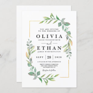 Greenery Gold Elegant Watercolor Boho Leaf Wedding Invitation