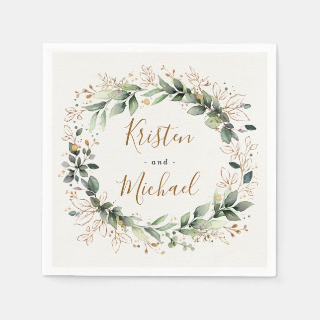 Greenery Gold Elegant Watercolor Boho Leaf Wedding Napkins (Front)