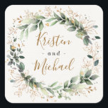 Greenery Gold Elegant Watercolor Boho Leaf Wedding Square Sticker<br><div class="desc">Design features a white watercolor texture background with a unique greenery wreath decorated with printed faux gold leaves and splashes.</div>