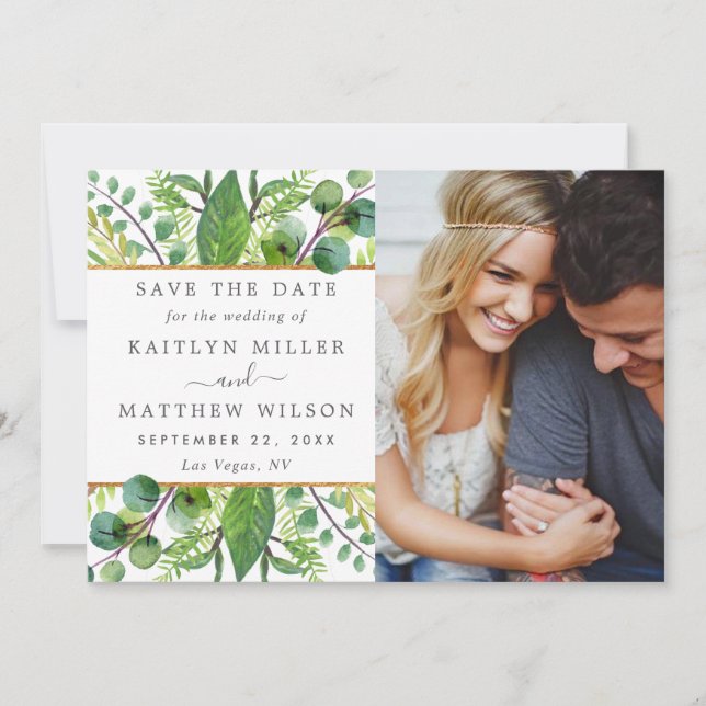 Greenery & Gold Elegant Wedding Photo Save The Date (Front)