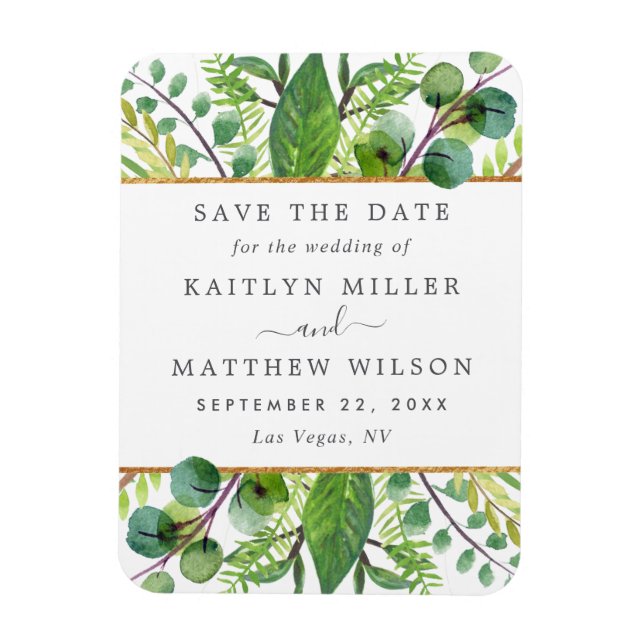Greenery & Gold Elegant Wedding Save The Date Magnet (Vertical)