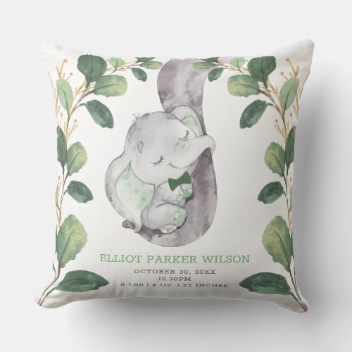 Greenery Gold Elephant Little Man Birth Stats Throw Pillow