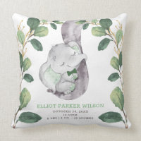 Greenery Gold Elephant Little Man Birth Stats Throw Pillow