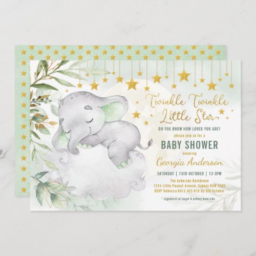 Greenery Gold Elephant Moon Stars Baby Shower Invitation