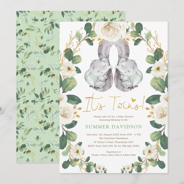 Greenery Gold Elephant Twins Neutral Baby Shower Invitation (Front/Back)