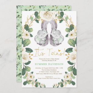 Greenery Gold Elephant Twins Neutral Baby Shower Invitation