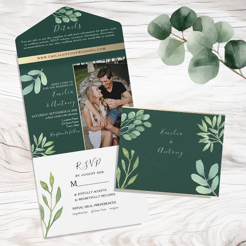 Greenery Gold Emerald Green Wedding All In One Invitation