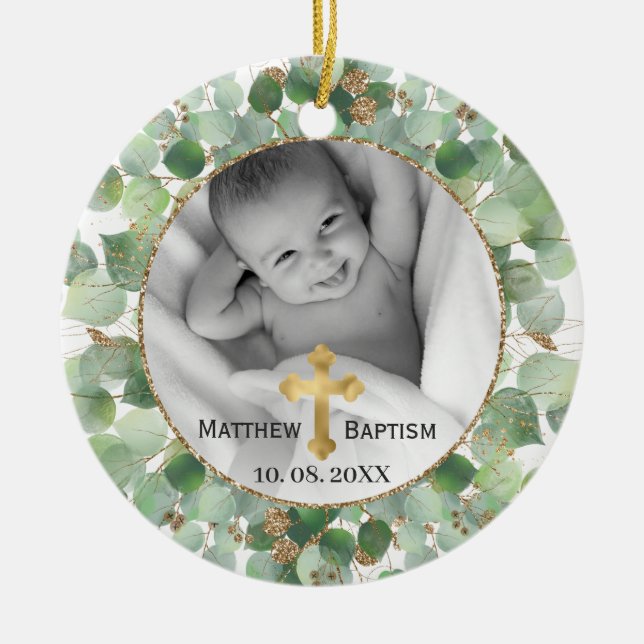 Greenery Gold Eucalyptus Baby Baptism Photo Ceramic Ornament (Front)