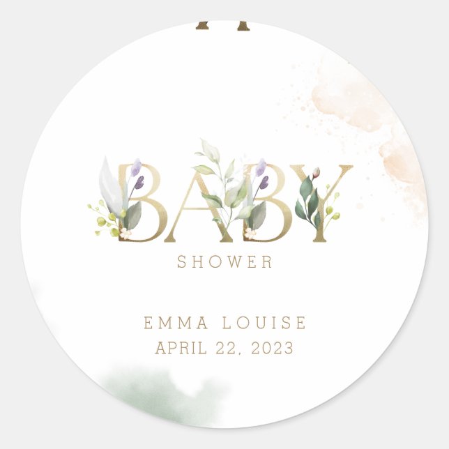 Greenery Gold Eucalyptus Baby Shower Classic Round Sticker (Front)