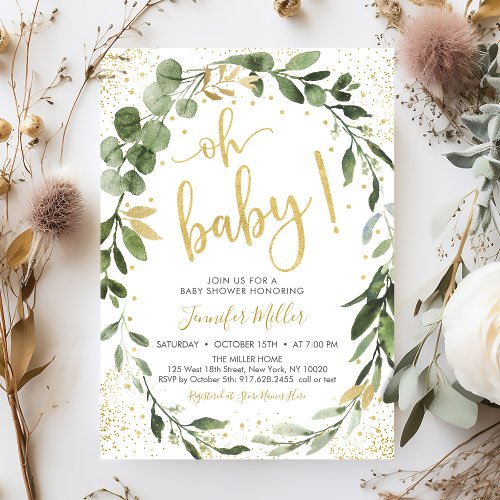 Greenery  Gold Eucalyptus Baby Shower Invitation