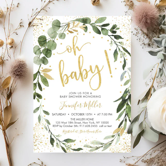 Greenery & Gold Eucalyptus Baby Shower Invitation | Zazzle