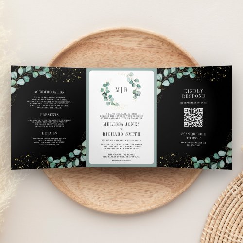 Greenery Gold Eucalyptus Black QR Code Wedding Tri_Fold Invitation